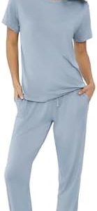 Joyaria Women's Bamboo Viscose Pajamas - Short Sleeve Round Neck Top & Jogger Pants with Pocket - Comfortable Sleepwear