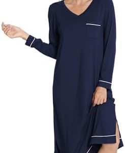 GYS Bamboo Viscose Soft Long Sleeve V Neck Women's Nightgown - Comfy Sleep Dress with OEKO-TEX STANDARD 100 Certificatio